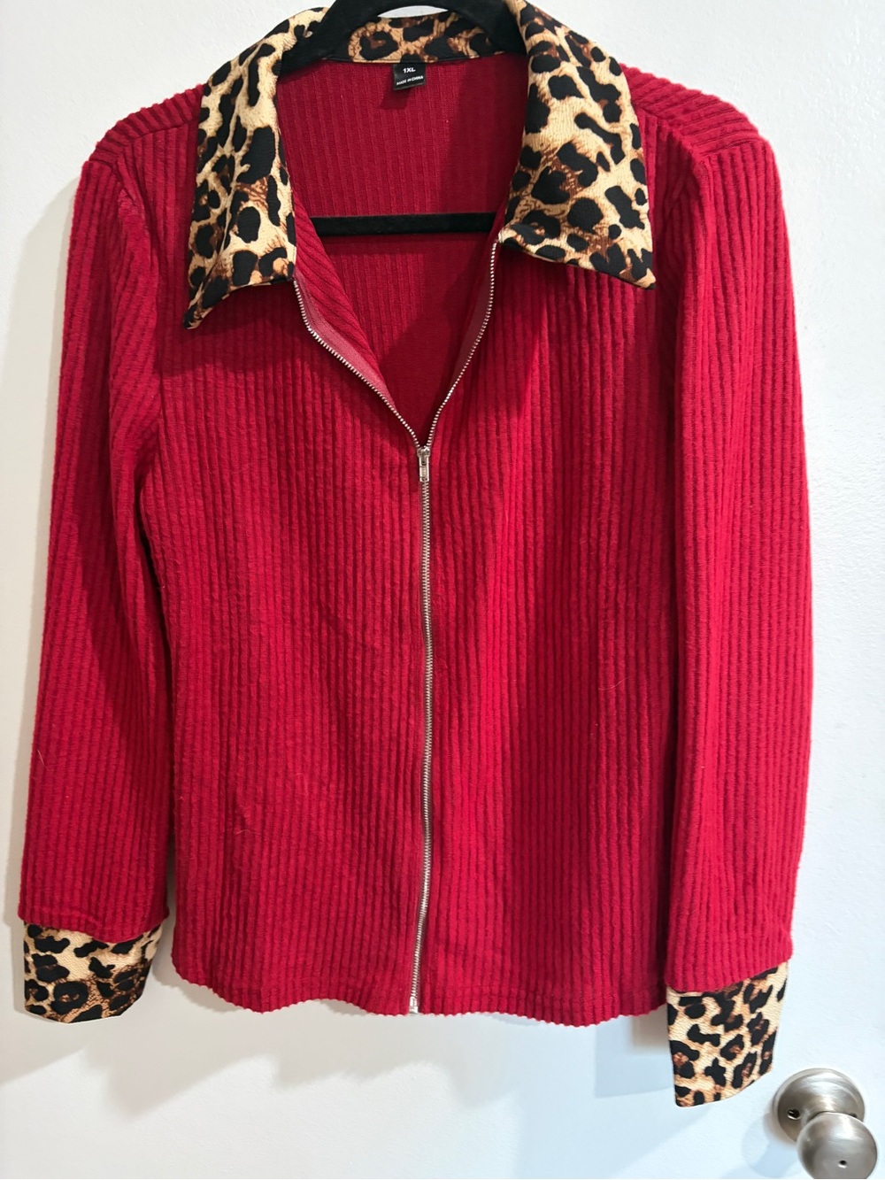Leopard Trim Red Zip-Front Women’s Jacket